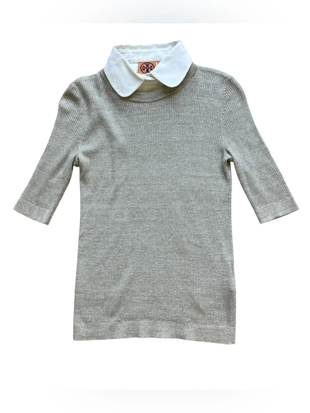 Tory Burch Oatmeal Wool Linen Sweater Tunic Peter Pan Collar XS 3/4 Sleeve